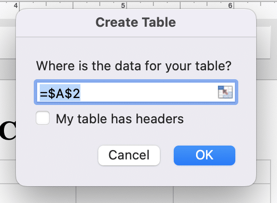 Create table dialog box interface.