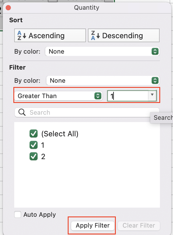 Quantity Filter Menu is showing a 'greater than' option.