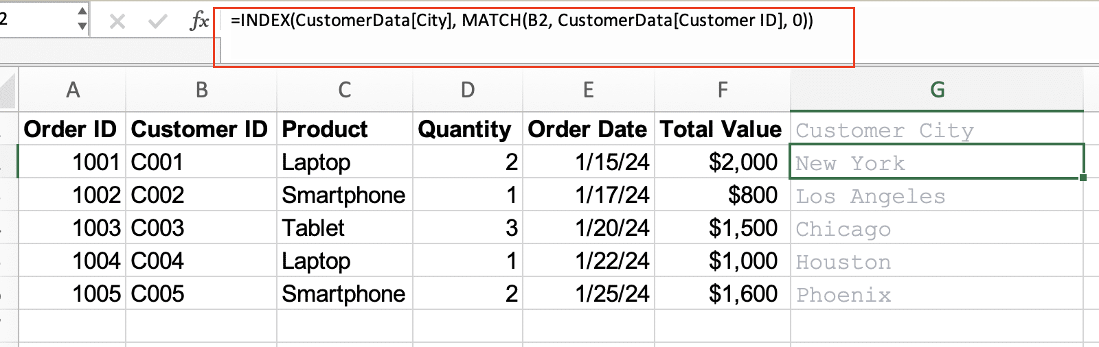 Index match formula showing customer cities.