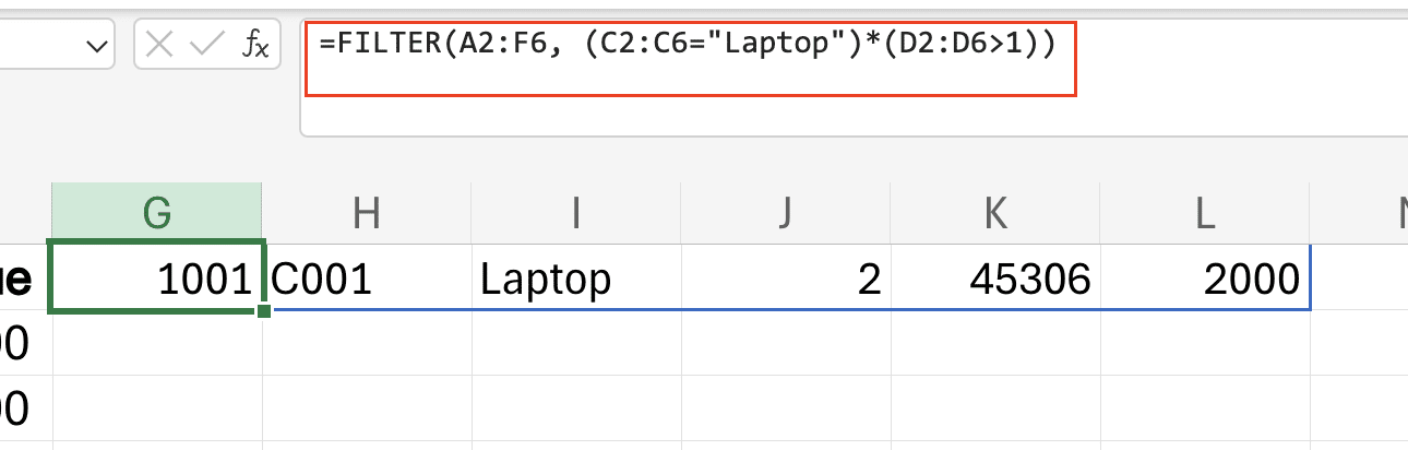 Filter function results showing laptop orders