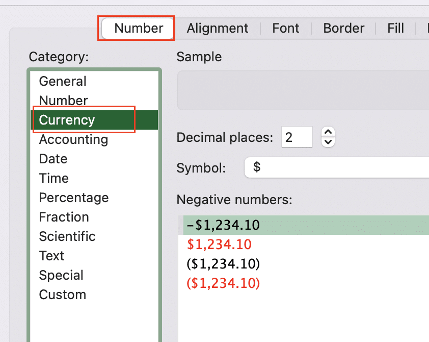 FormulaCell dialog box with currency tab selected