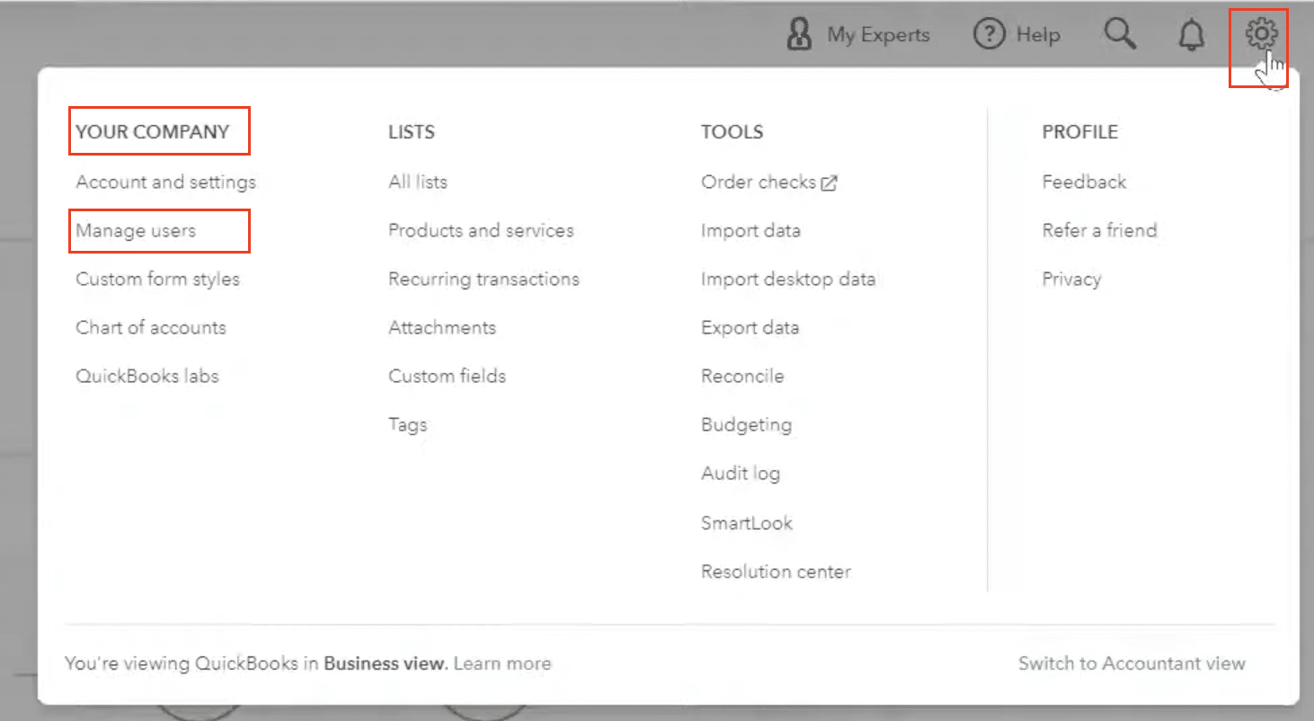 User management settings page in QuickBooks Online