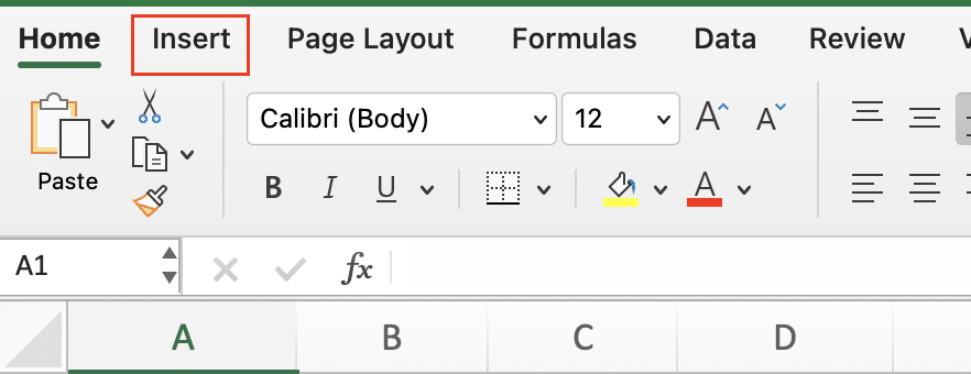 Excel ribbon highlighted. Insert tab and its options.