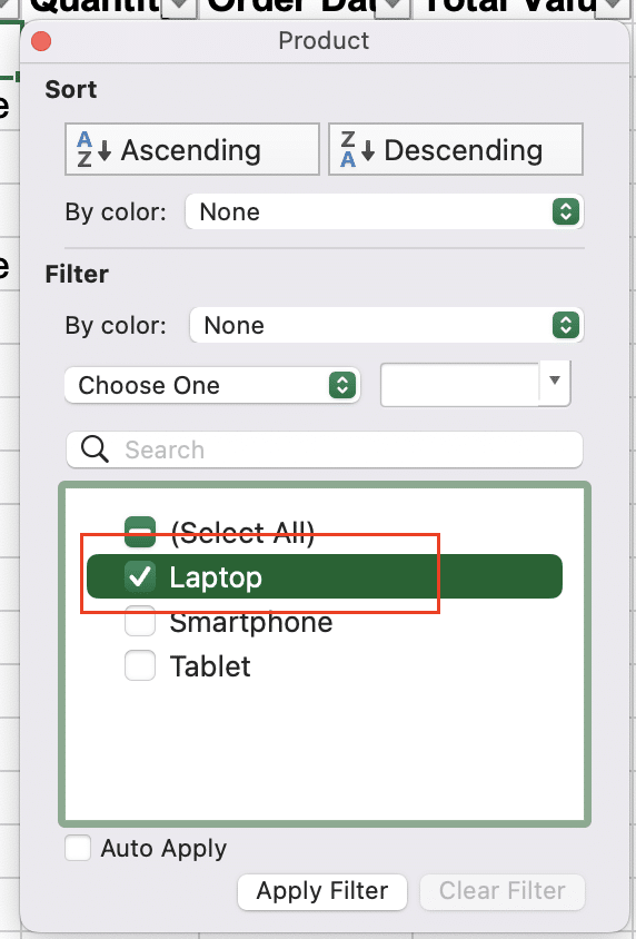 Product filter selection for macro recording?