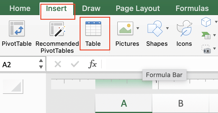 Table insertion button in Excel ribbon.