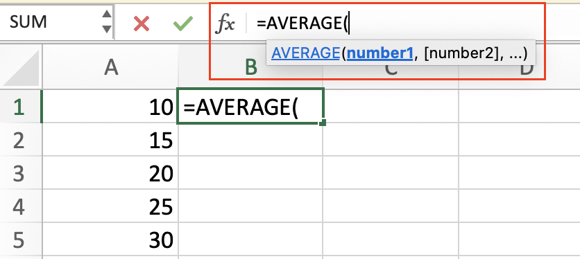 Cell formula bar showing average function start