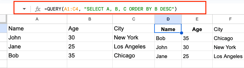 ORDER BY clause implementation showing data sorted by age in descending order with all columns displayed.