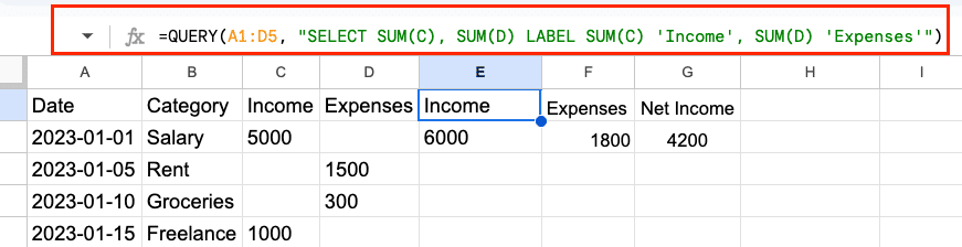 Financial summary query showing total income and expenses with calculated net income.