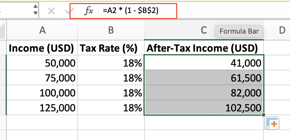 Financial model spreadsheet showing tax rate calculations with an absolute reference to maintain a consistent tax percentage.