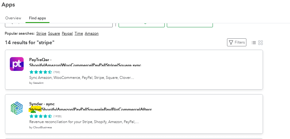 Stripe app search results in QuickBooks Online