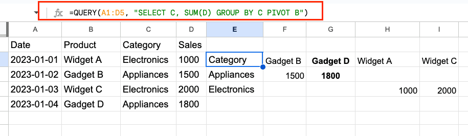 Pivot table-style query results showing product sales by category with cross-tabulated layout.