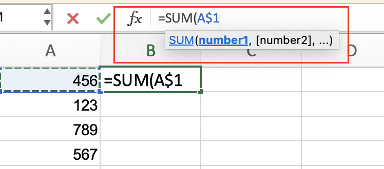 Formula display after pressing F4 three times showing it row absolute reference with the column remaining relative