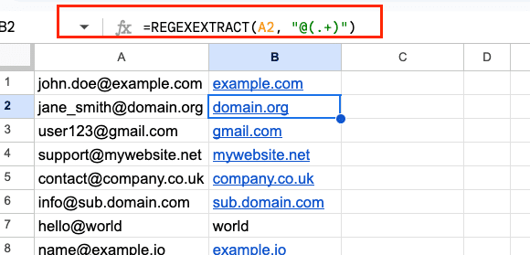 Domain extraction example using REGEXEXTRACT to pull domain names from email addresses.