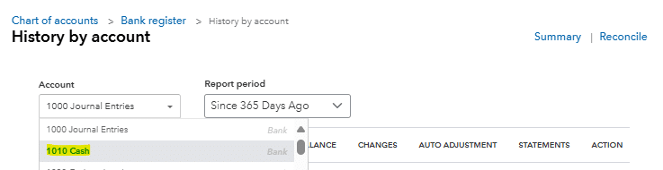 Bank Account Selection Screen for Reconciliation