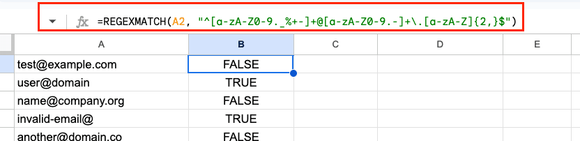 Email validation formula using REGEXMATCH with a comprehensive pattern to check email address format.