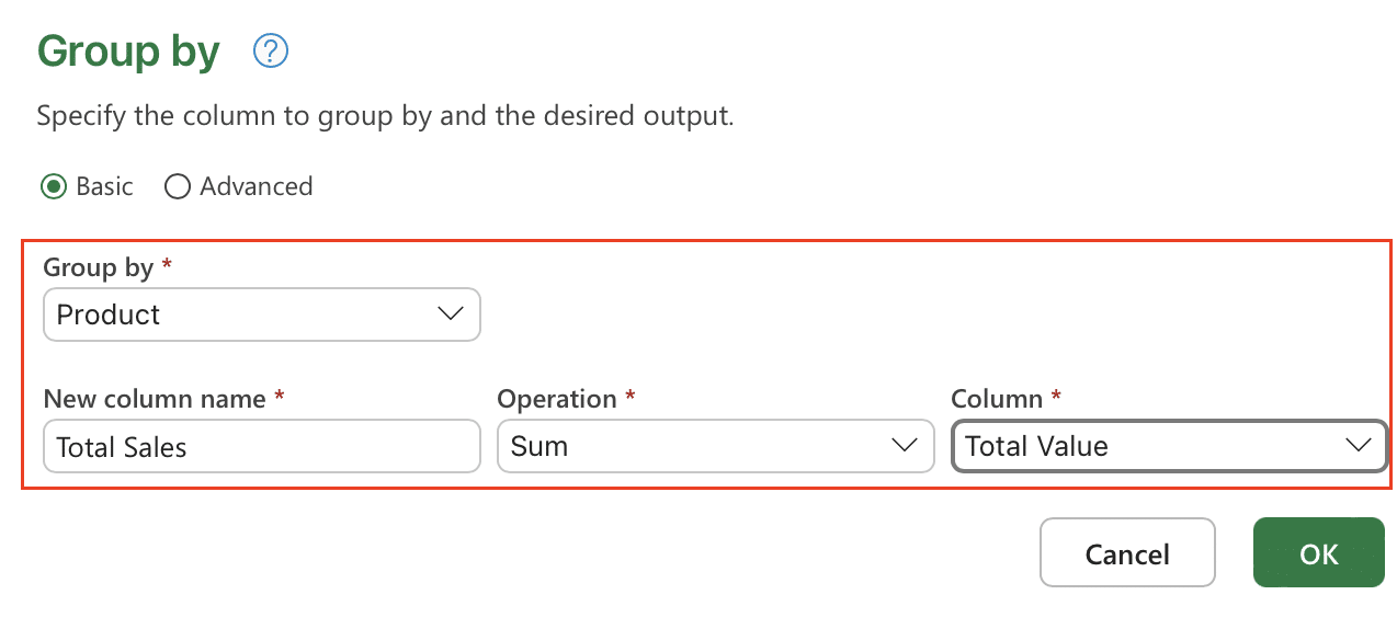 Group by dialogue box configuration options.