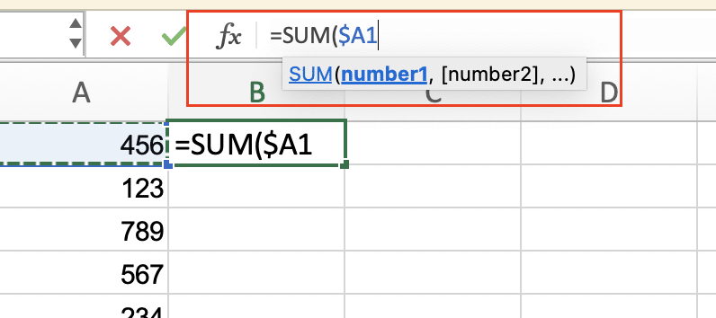 Excel formula bar showing the result of pressing F4 twice