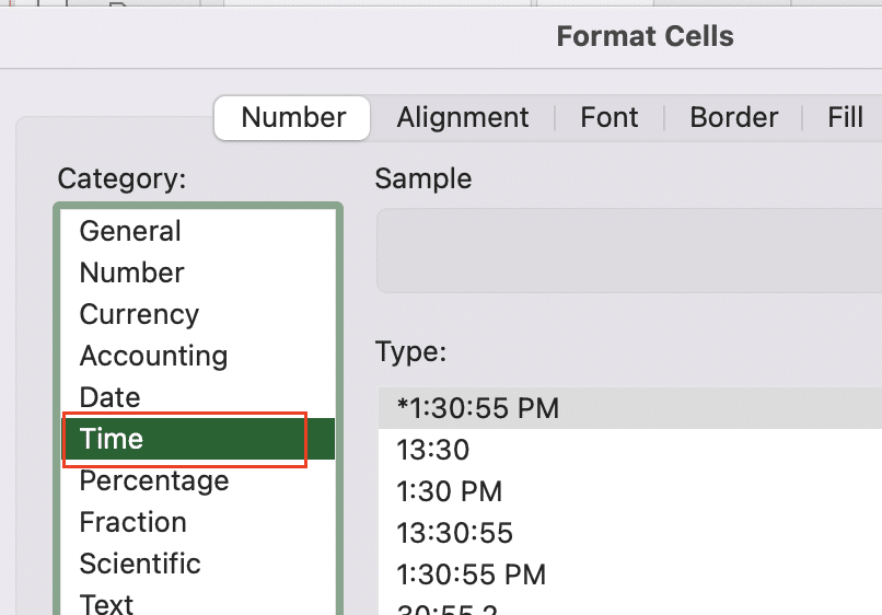 Time category selection and format sales dialog.