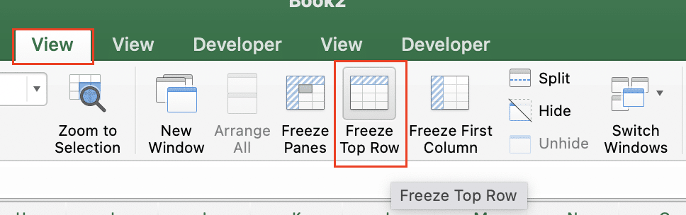 Freeze pane options in the View tab menu.