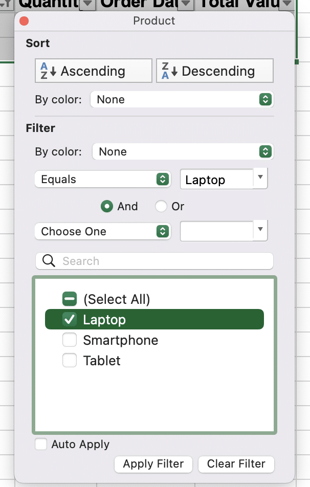 Filter drop-down menu for product column selection.