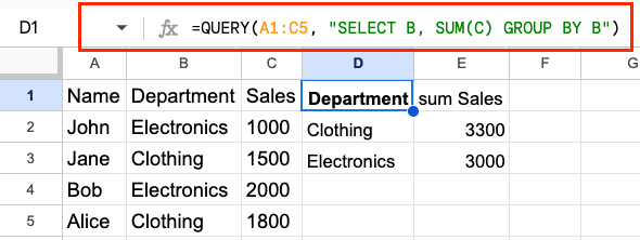 GROUP BY aggregation showing sales totals grouped by department with summed values properly formatted.