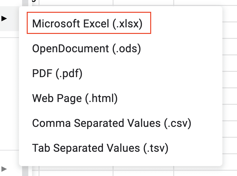 Microsoft Excel option highlighted in the Download submenu