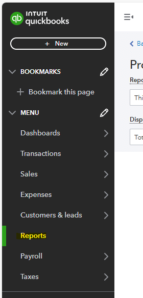 QuickBooks Online reports section accessed through main menu navigation