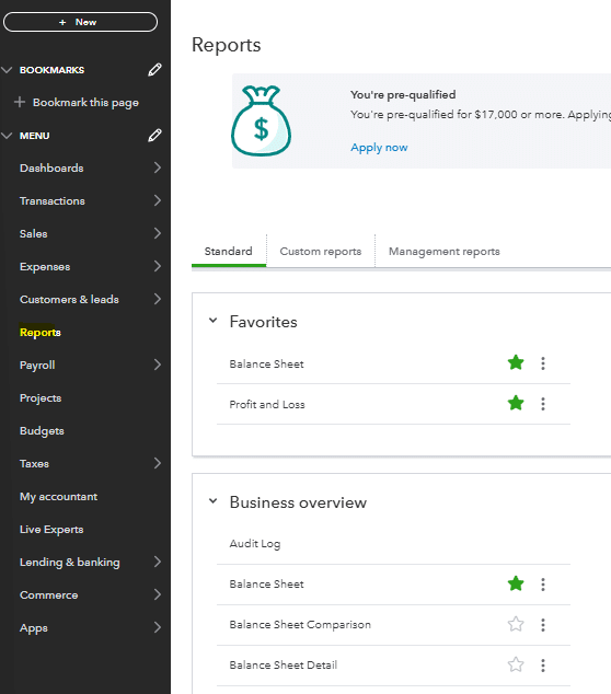 Reports menu section and QuickBooks navigation.