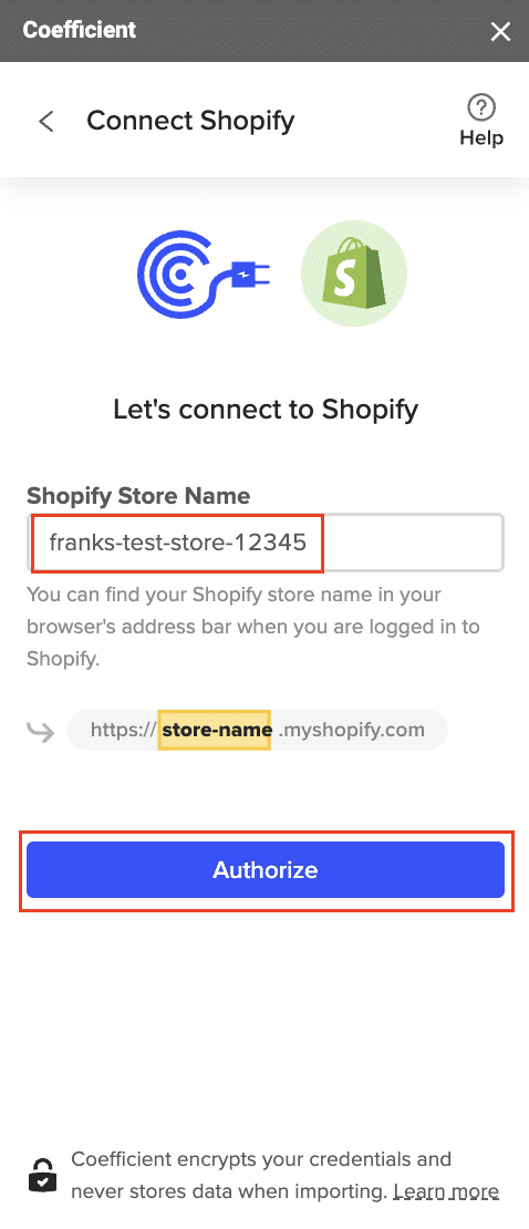 Store input field for Shopify connections.