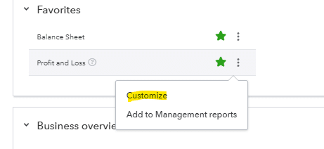 Profit & Loss Report customization interface