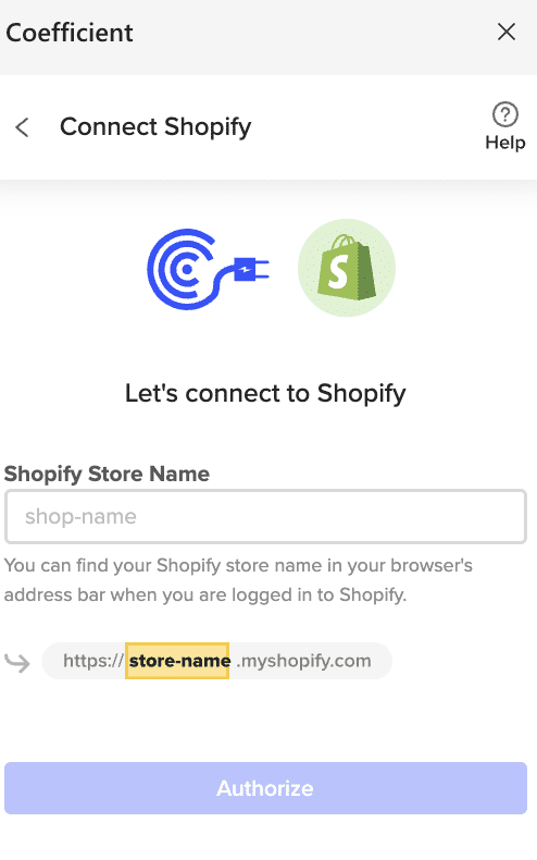 Shopify store authorization form at Coefficient