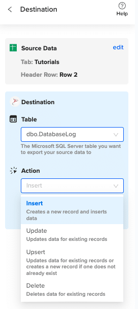 Database table selection