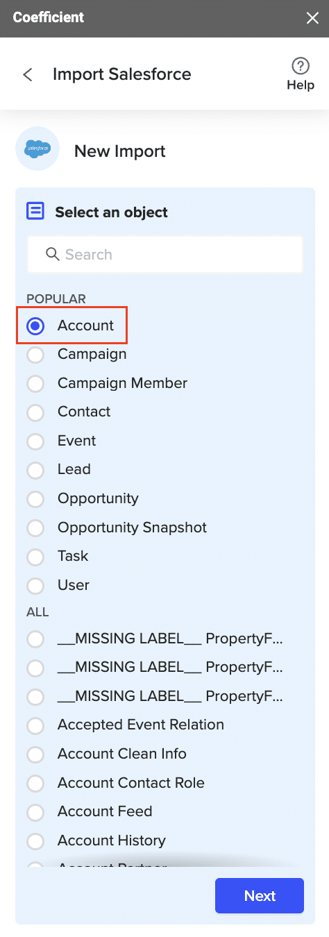 Field Selection Interface for Salesforce Data Import.