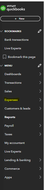 QuickBooks Expense module main screen