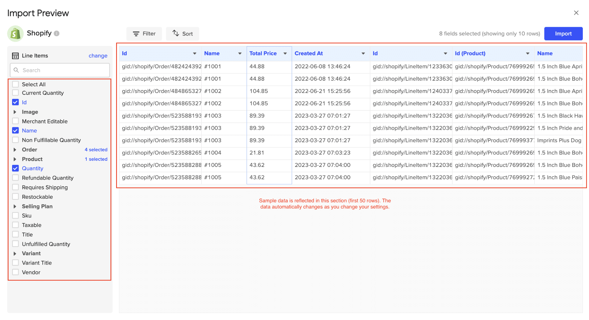 Field selection interface for Shopify data.