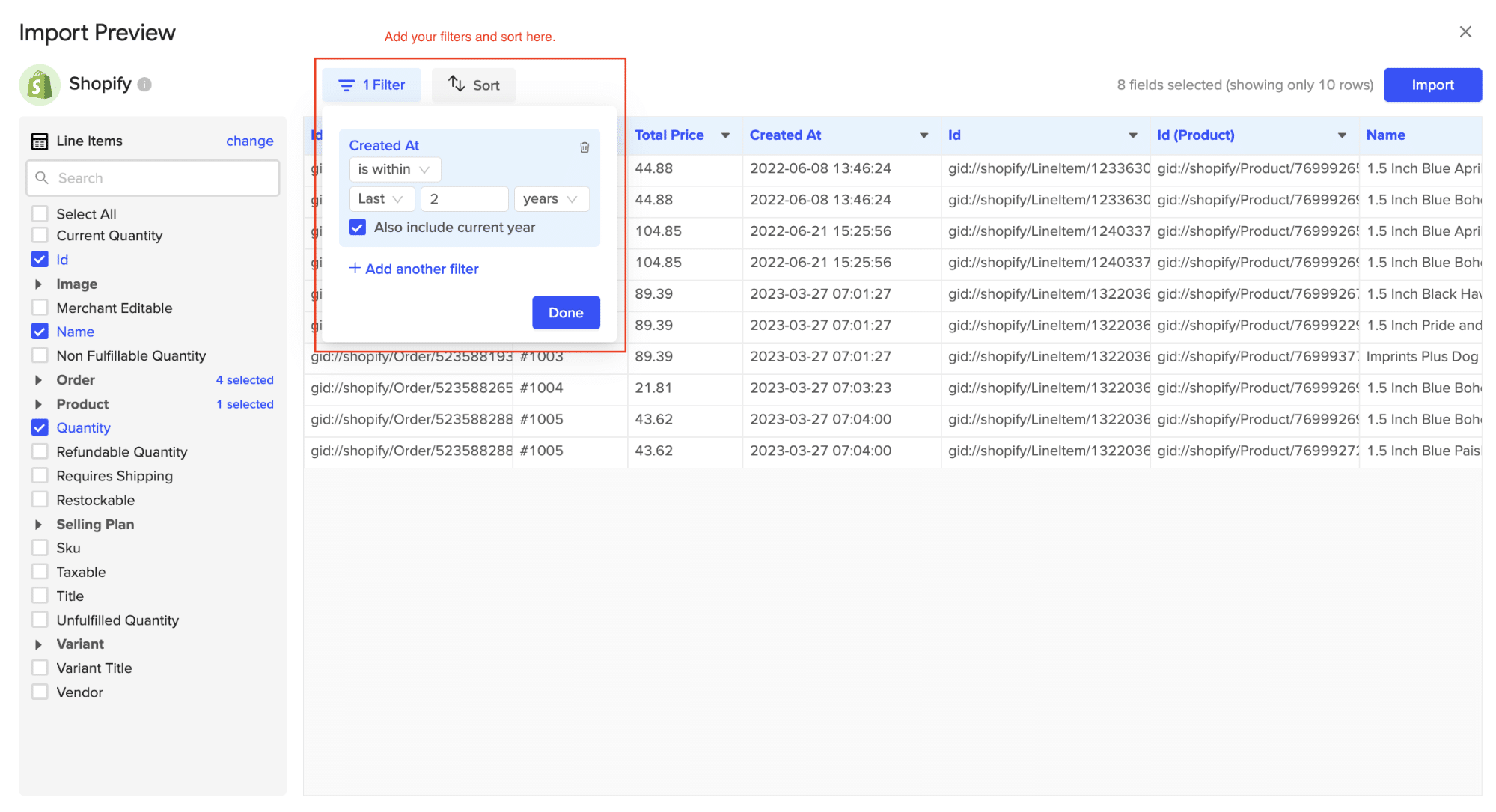 Filter configuration screen for data import.