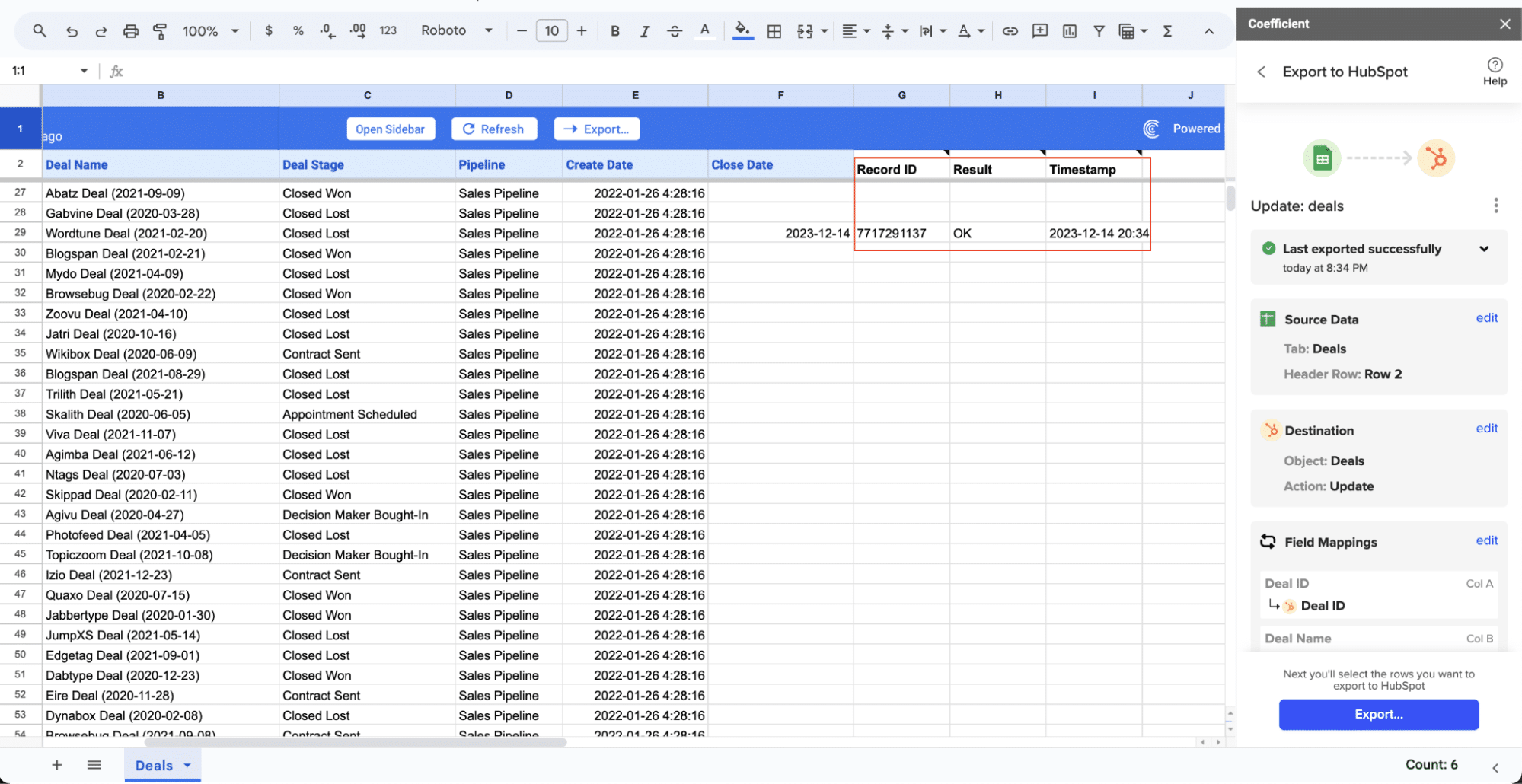 Spreadsheet choice successful export results.