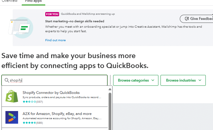 QuickBooks Online app interface showing Shopify integration.