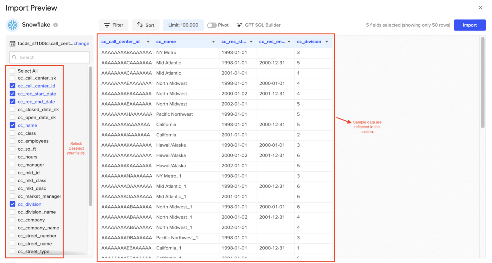 Data selection and query interface.