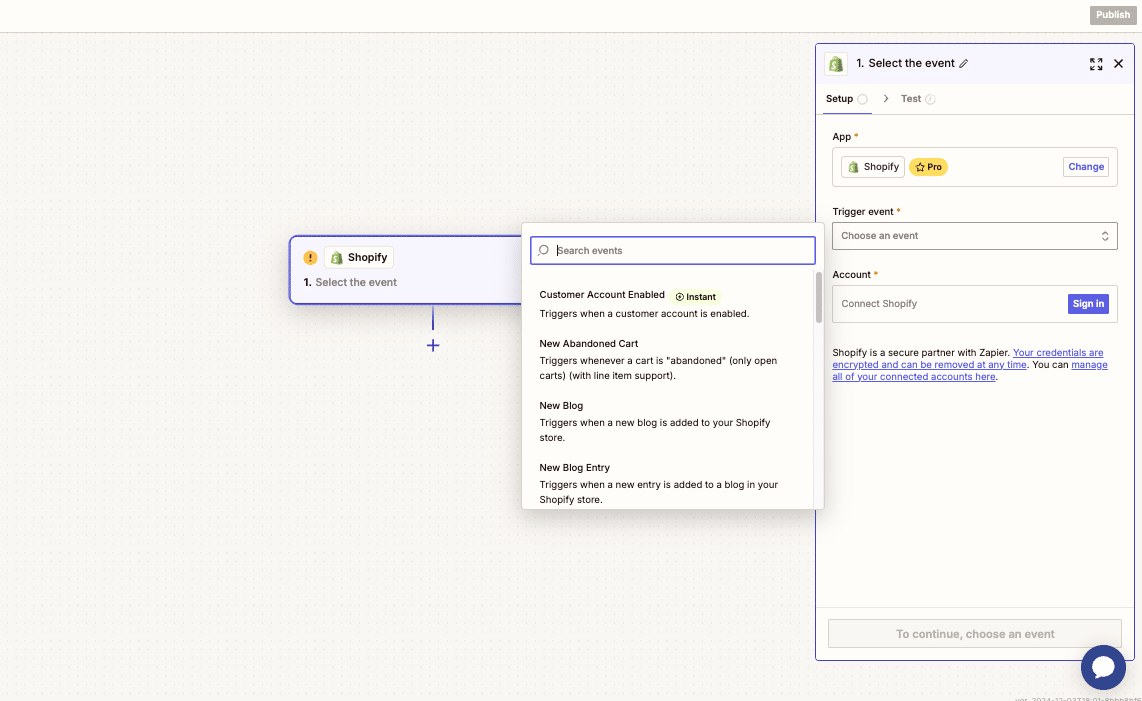 Shopify trigger event selection in Zapier.