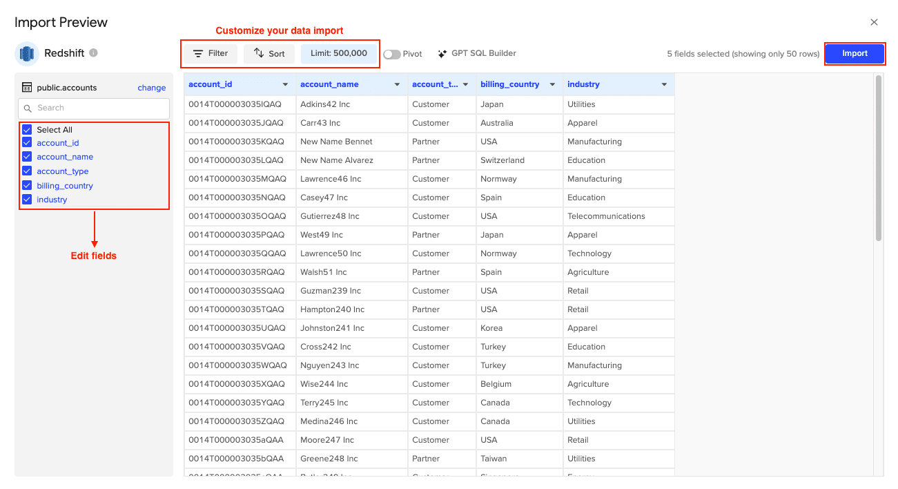 Data selection and query interface