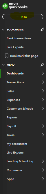 QuickBooks main menu showing you button location 