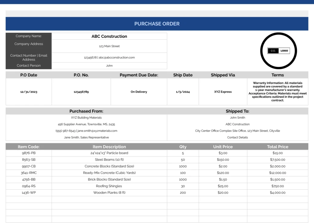 Construction PO Template