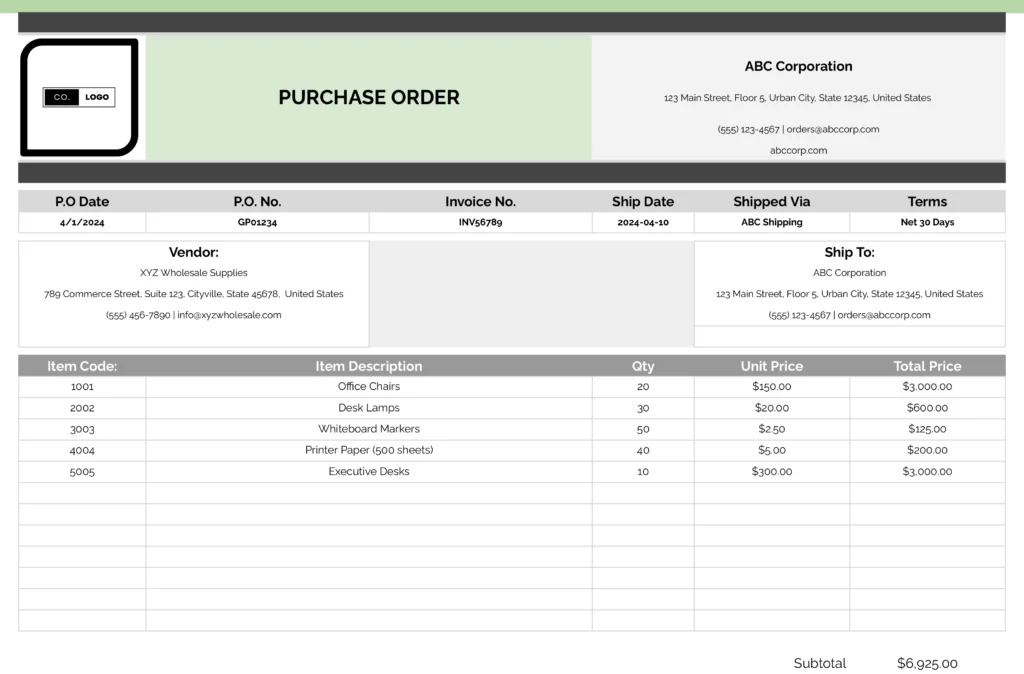 General Purchase Order Template