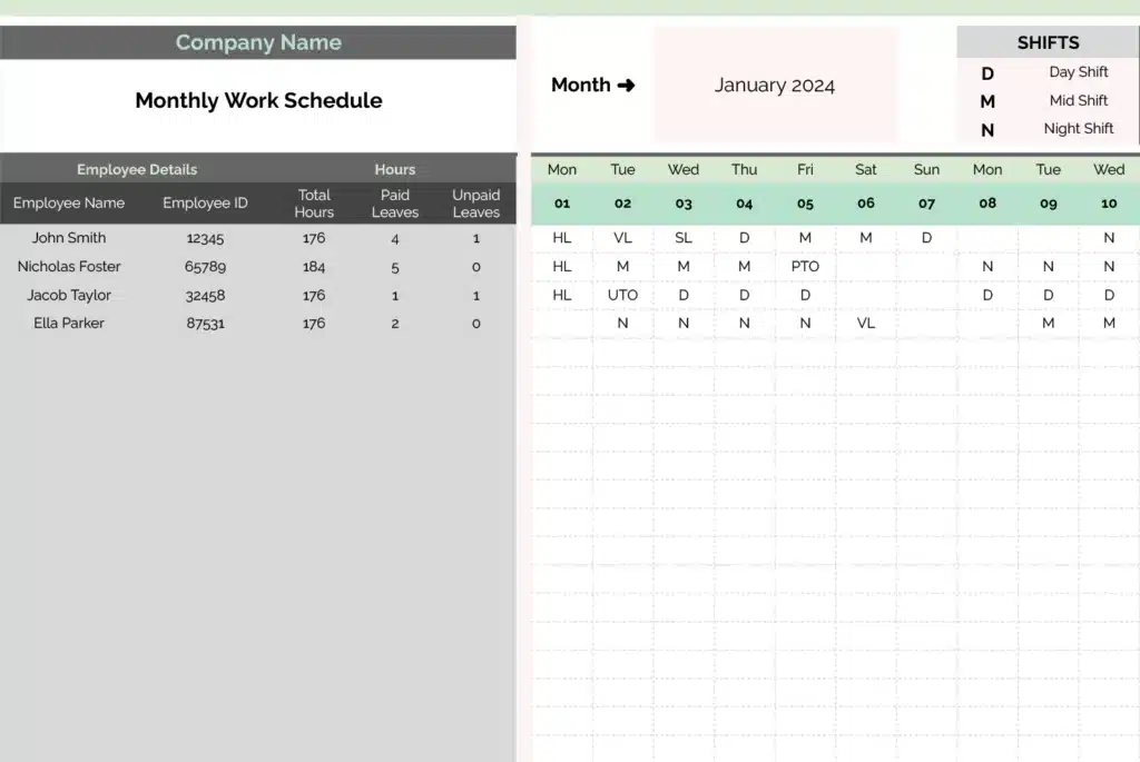 Monthly Work schedule Template