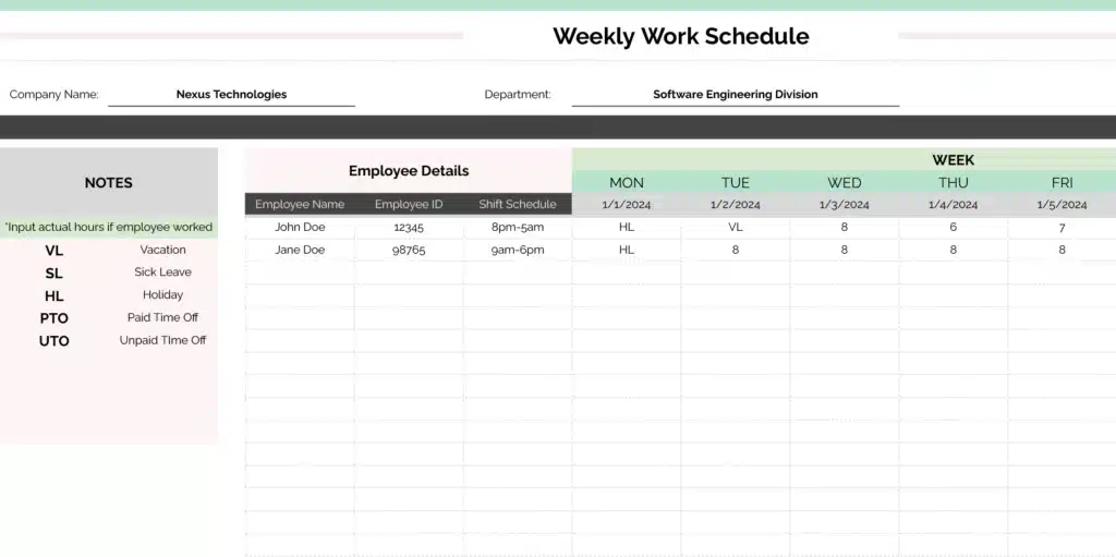 Weekly Work schedule Template