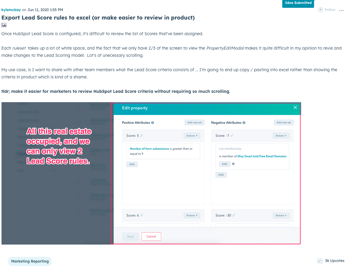 Screenshot of multiple user complaints about HubSpot's lead scoring interface layout.  