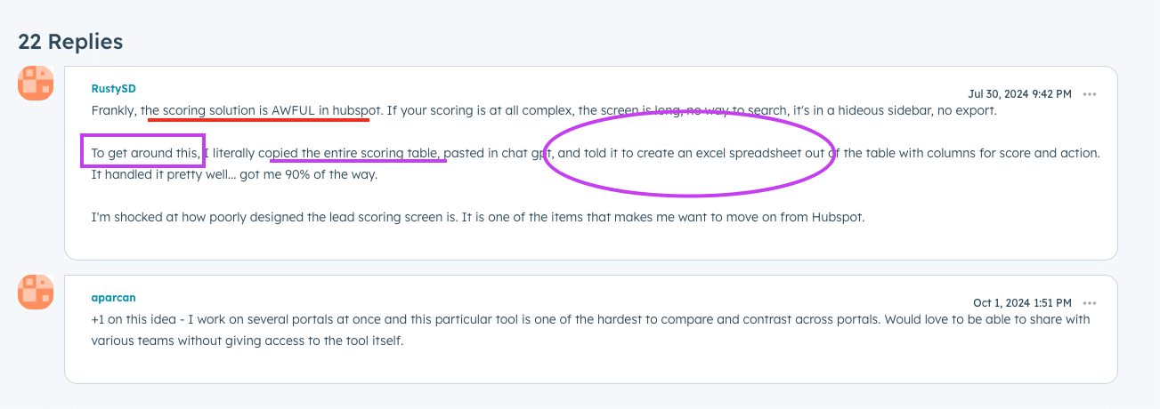 A frustrated comment about HubSpot's lead scoring interface on a community forum.