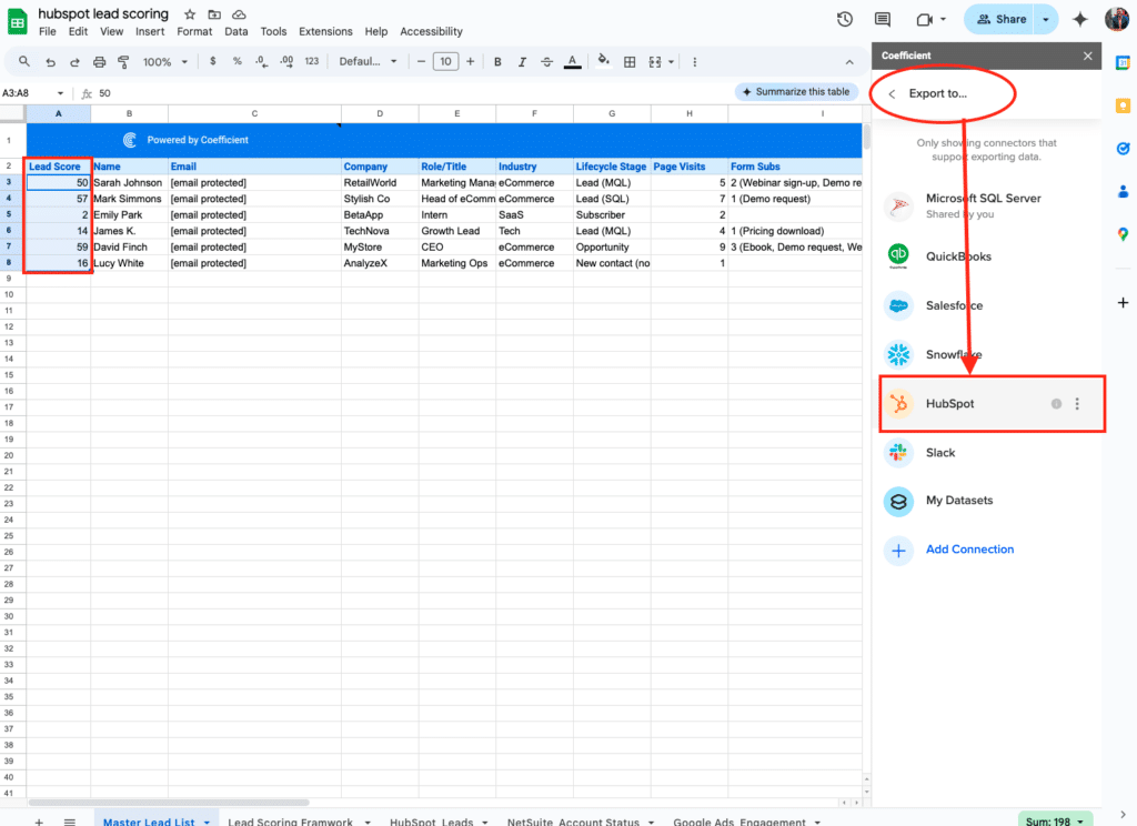 Dashboard showing data sync between spreadsheet and HubSpot.