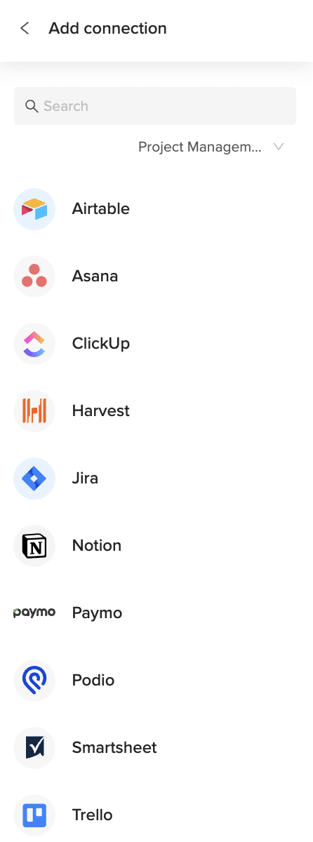 Project management tools including Asana, Trello, Jira, and Notion displayed as connectors.